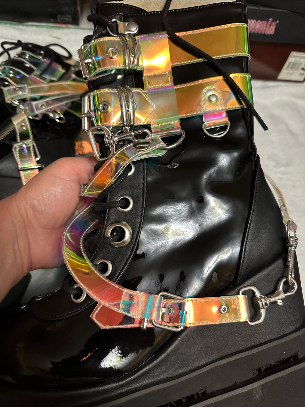 Demonia Black Patent Platform Lace-Up Boots with Holographic Straps Magic Mirror - Picture 5 of 9
